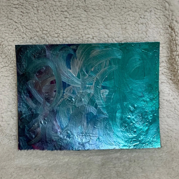 9x12 Artwork with metallic silver, wine, green and blue - Picture 3 of 6